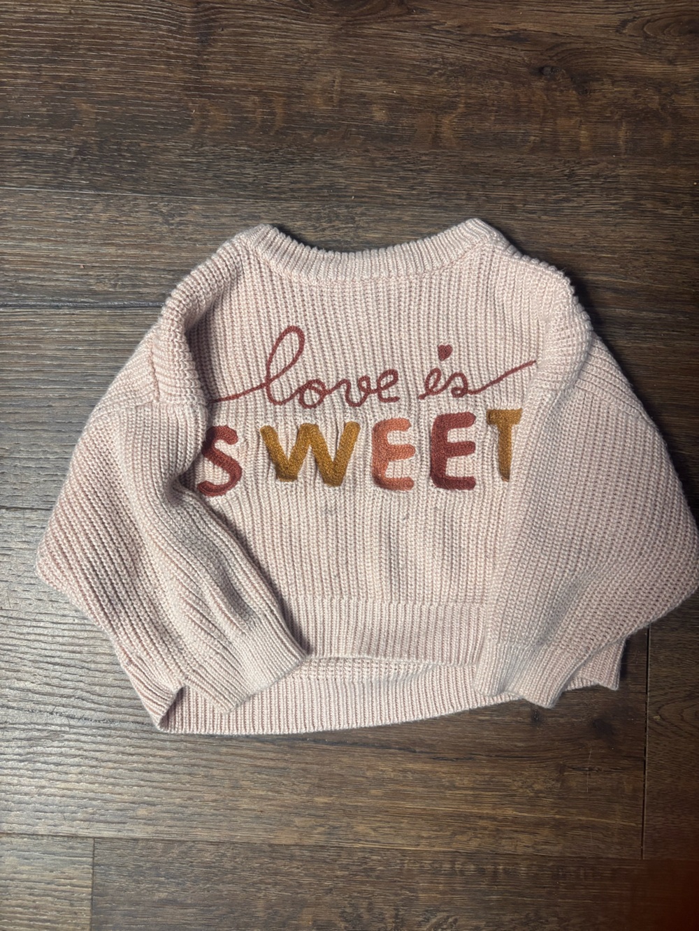 Pink Crewneck Sweater with "Love is Sweet" Embroidery